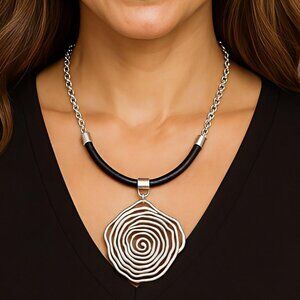 🆕Handmade Turkish Artisan Leather Necklace Bold Zamak Spiral Flower Pendant